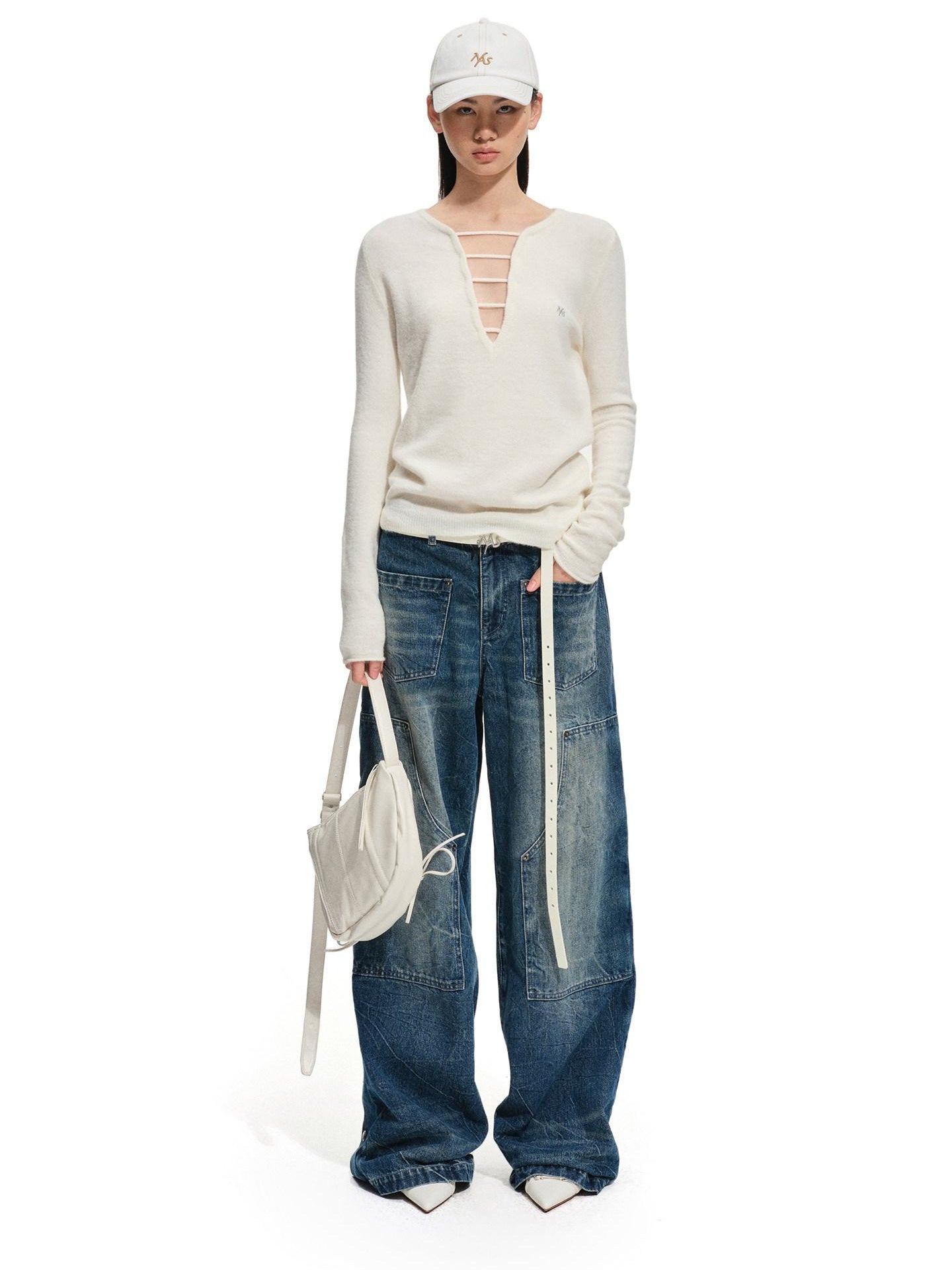 NAWSNOTAWEAR Alpaca Wool Blend Casual Slim Hollow V-neck Women Long Sleeve Pullover Sweaters