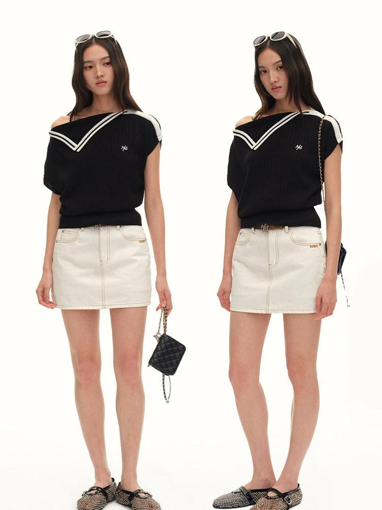 NAWSNOTAWEAR Anti Static Lined Vintage Slim Mid Waist Topstitch Denim Mini Skirts