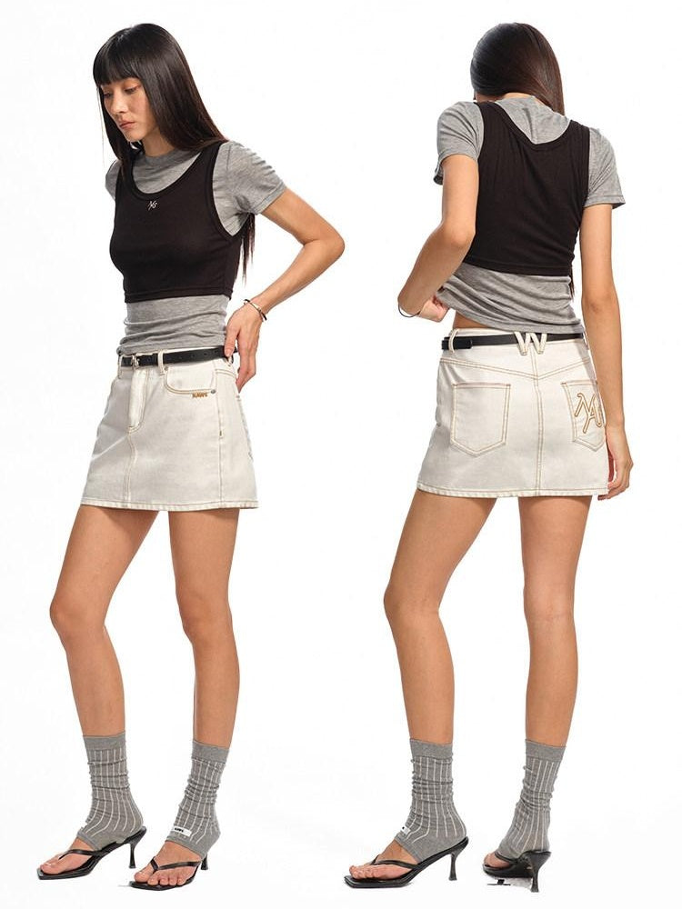 NAWSNOTAWEAR Anti Static Lined Vintage Slim Mid Waist Topstitch Denim Mini Skirts