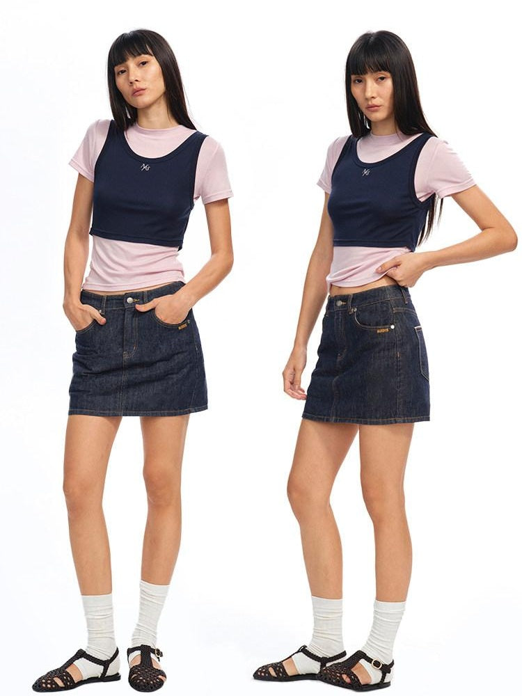 NAWSNOTAWEAR Anti Static Lined Vintage Slim Mid Waist Topstitch Denim Mini Skirts