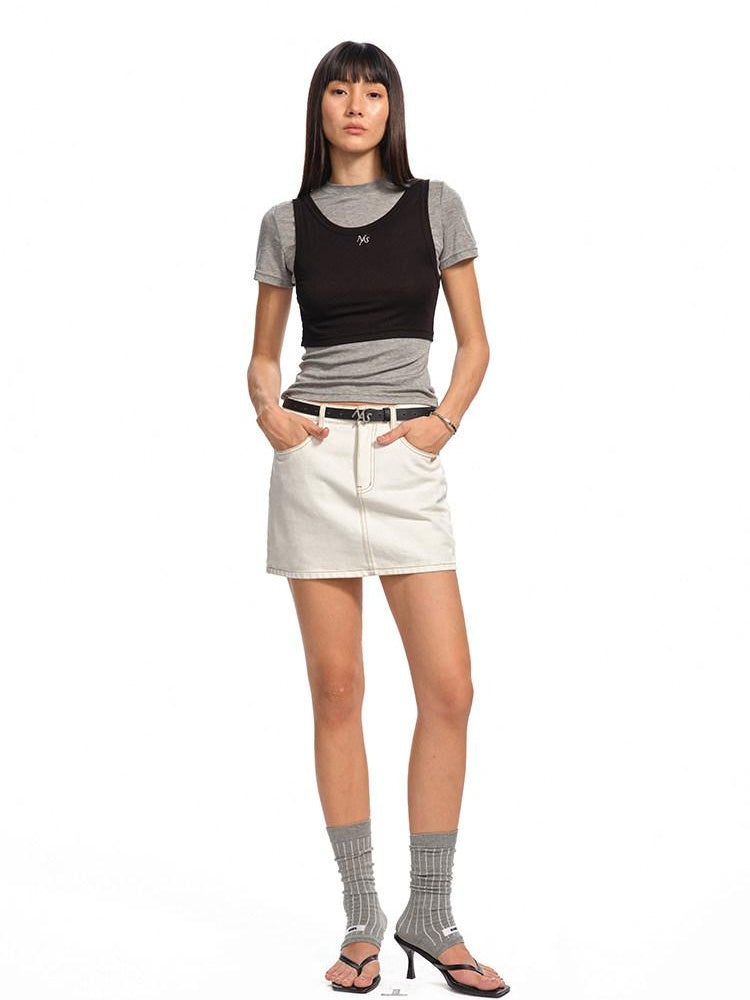 NAWSNOTAWEAR Anti Static Lined Vintage Slim Mid Waist Topstitch Denim Mini Skirts