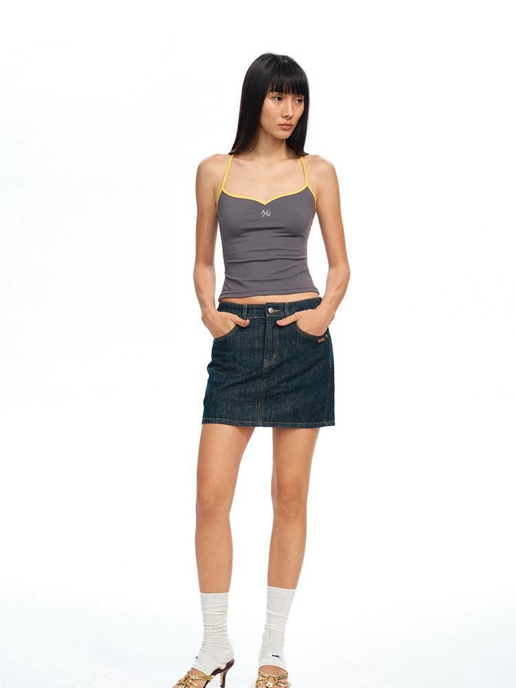 NAWSNOTAWEAR Anti Static Lined Vintage Slim Mid Waist Topstitch Denim Mini Skirts