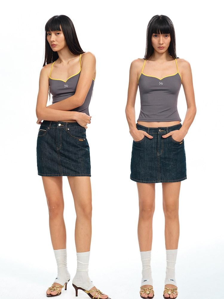 NAWSNOTAWEAR Anti Static Lined Vintage Slim Mid Waist Topstitch Denim Mini Skirts