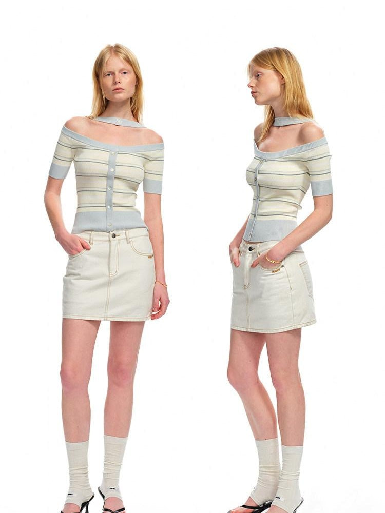 NAWSNOTAWEAR Anti Static Lined Vintage Slim Mid Waist Topstitch Denim Mini Skirts
