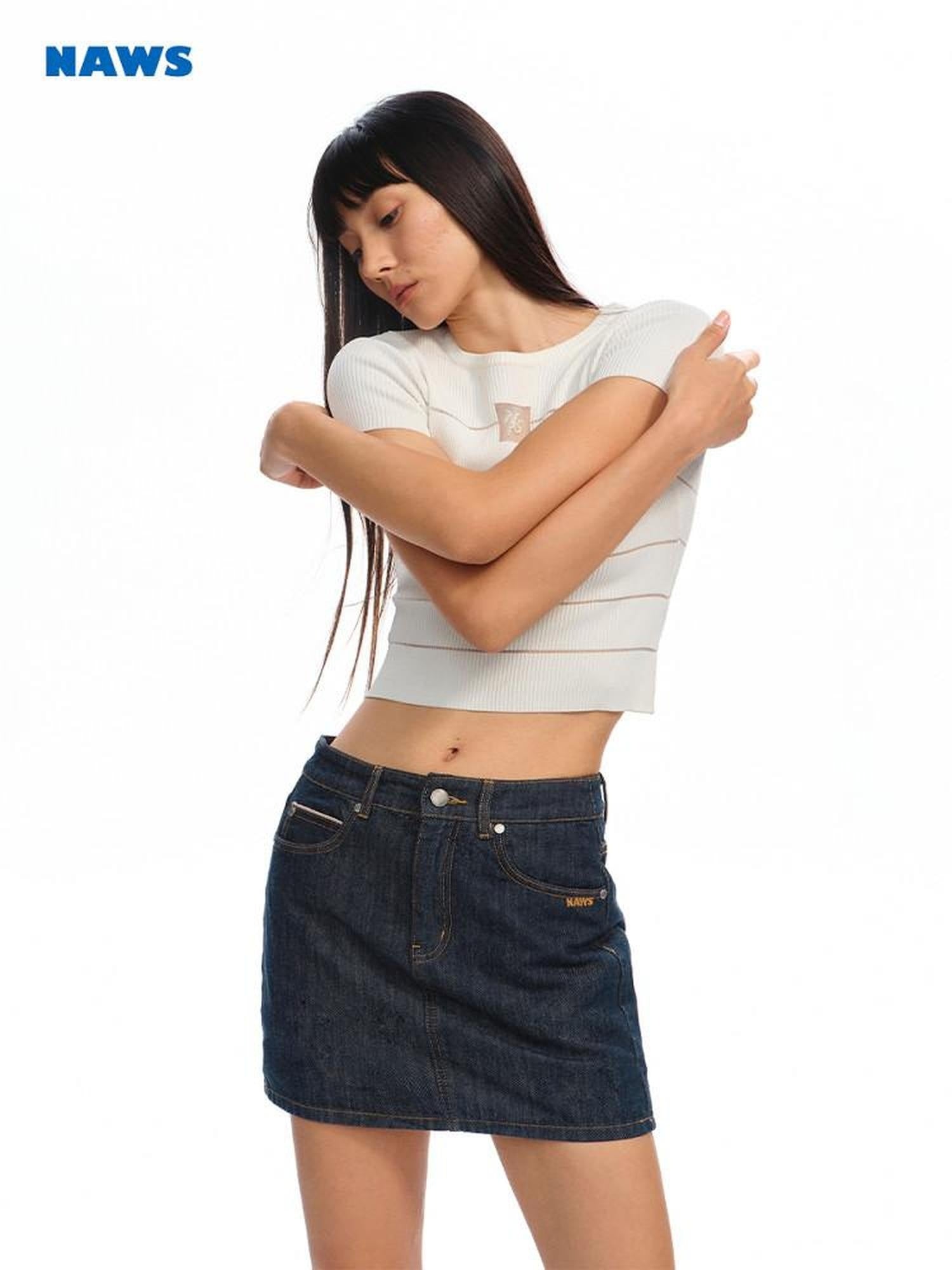 NAWSNOTAWEAR Anti Static Lined Vintage Slim Mid Waist Topstitch Denim Mini Skirts