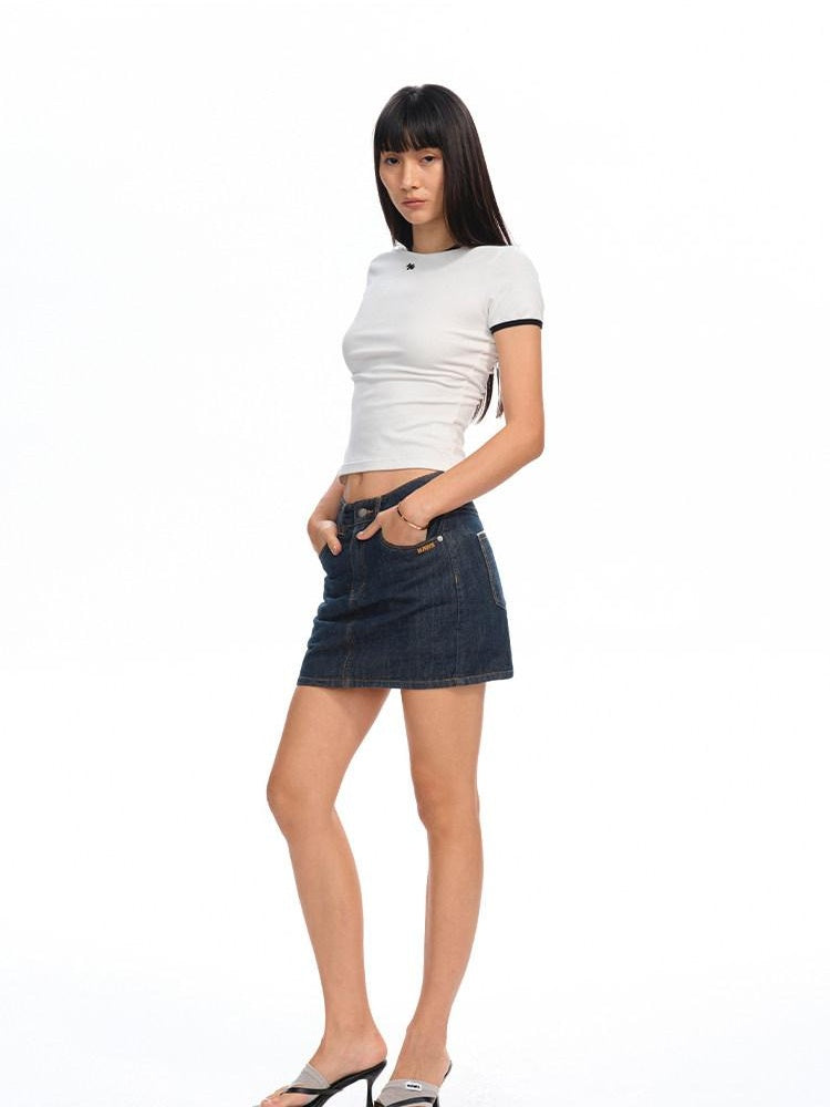 NAWSNOTAWEAR Anti Static Lined Vintage Slim Mid Waist Topstitch Denim Mini Skirts