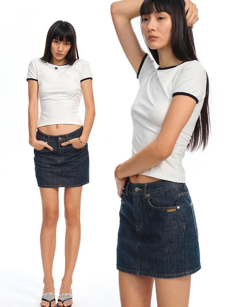 NAWSNOTAWEAR Anti Static Lined Vintage Slim Mid Waist Topstitch Denim Mini Skirts