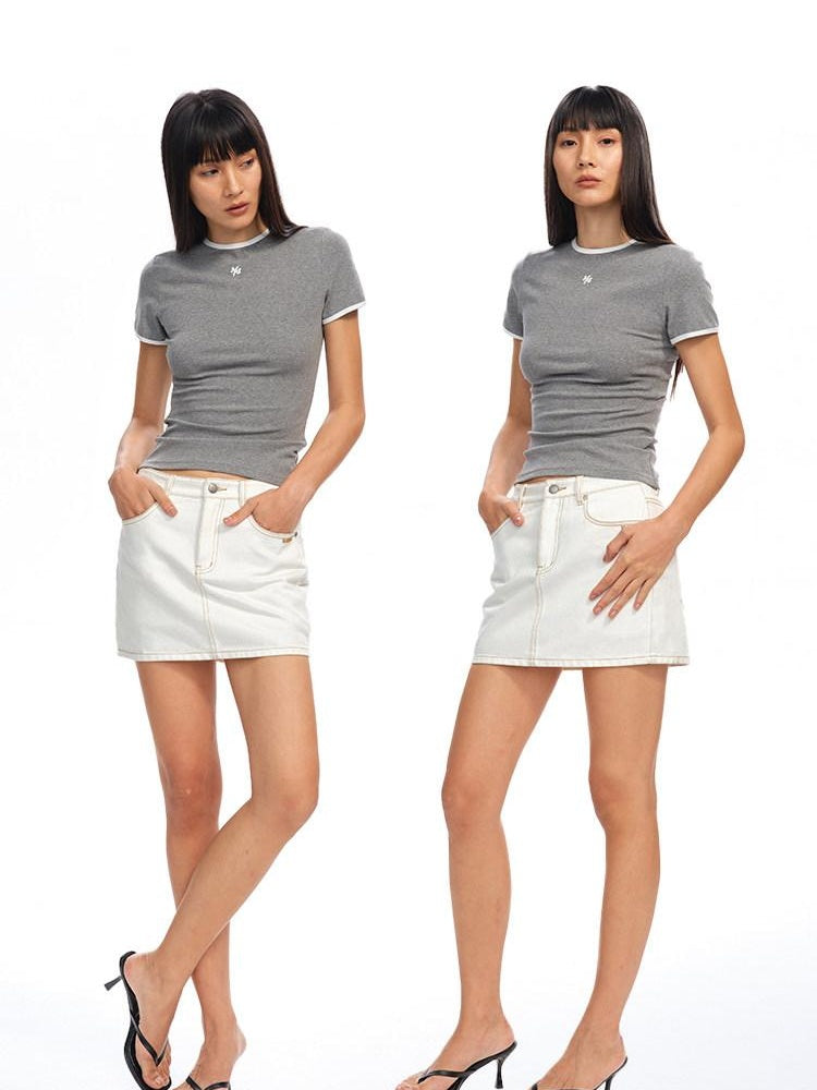 NAWSNOTAWEAR Anti Static Lined Vintage Slim Mid Waist Topstitch Denim Mini Skirts