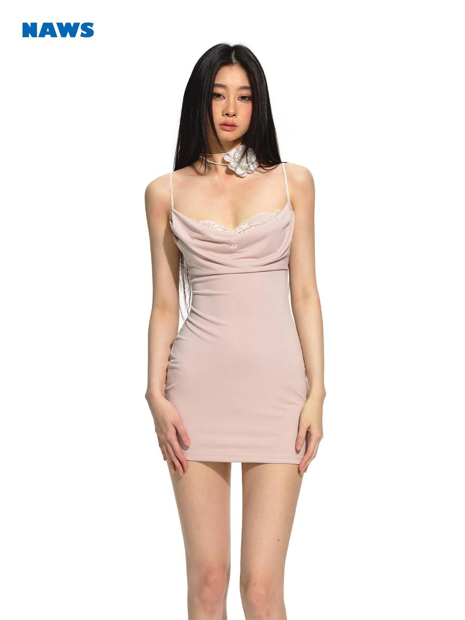 NAWSNOTAWEAR Apricot Pink Cinched Waist Plunging Neckline Sleeveless Bodycon Mini Dresses