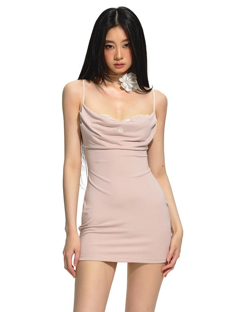 NAWSNOTAWEAR Apricot Pink Cinched Waist Plunging Neckline Sleeveless Bodycon Mini Dresses