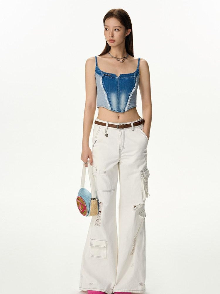 NAWSNOTAWEAR Backless Cotton Slim Fit Cropped Strappy Women Solid Oxide Blue Camisoles