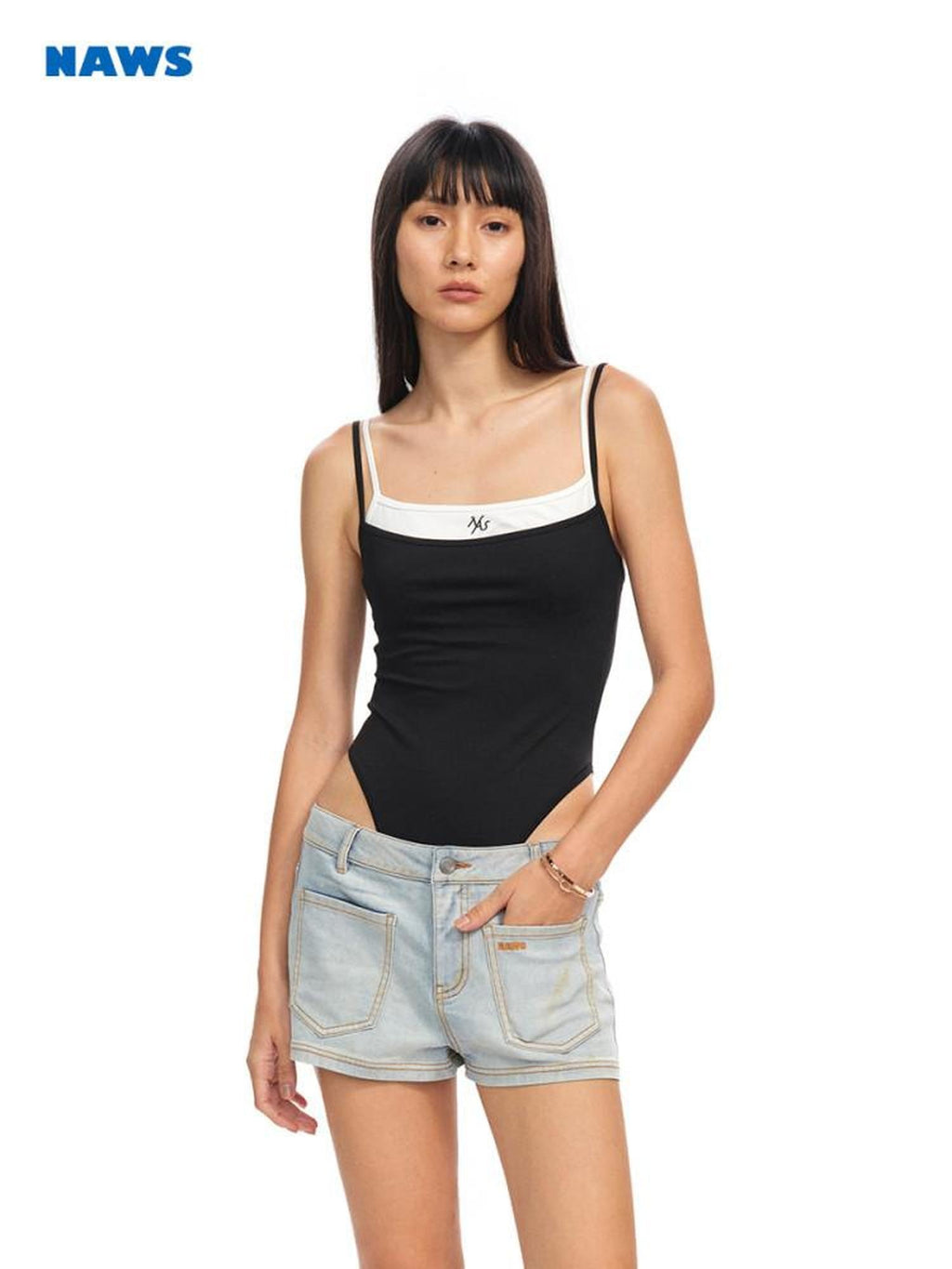 NAWSNOTAWEAR Backless Slim Spaghetti Strap Midlength Stretch Women Black Camisoles