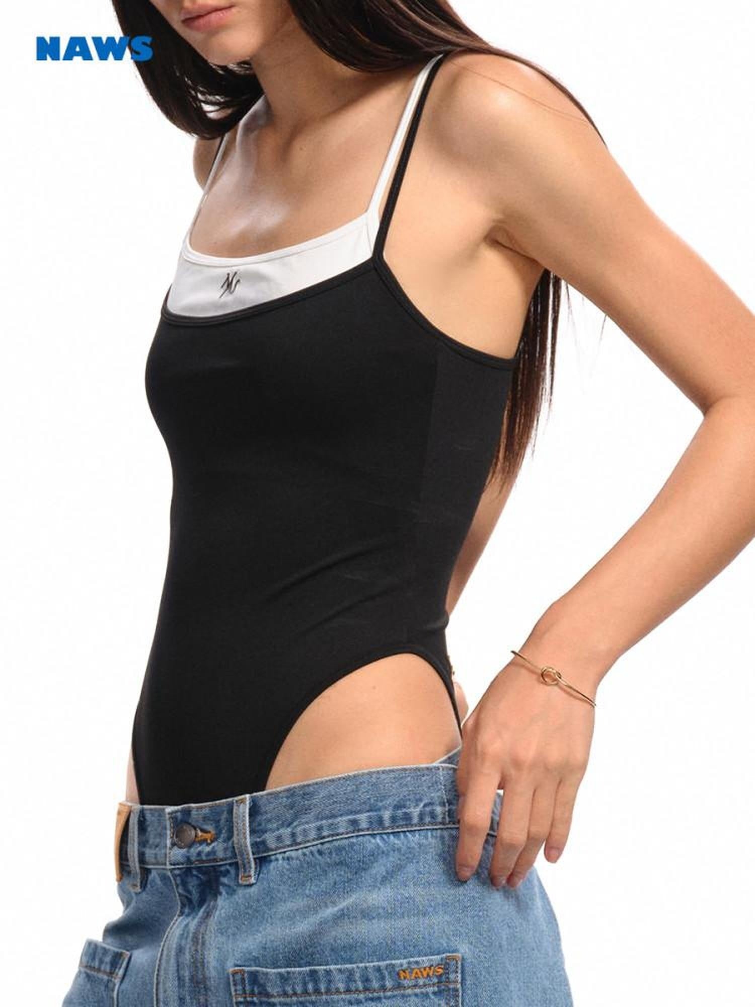 NAWSNOTAWEAR Backless Slim Spaghetti Strap Midlength Stretch Women Black Camisoles