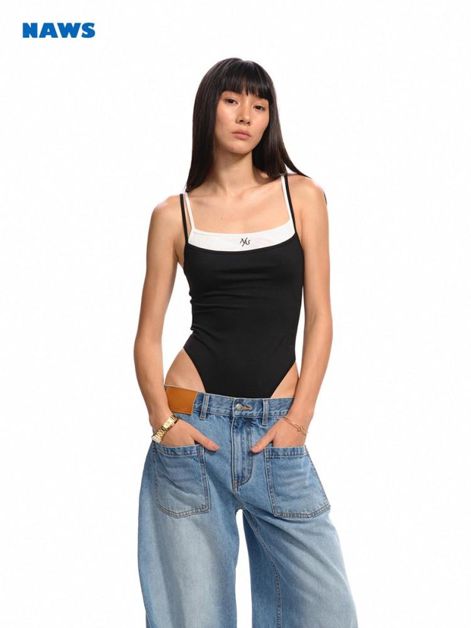 NAWSNOTAWEAR Backless Slim Spaghetti Strap Midlength Stretch Women Black Camisoles