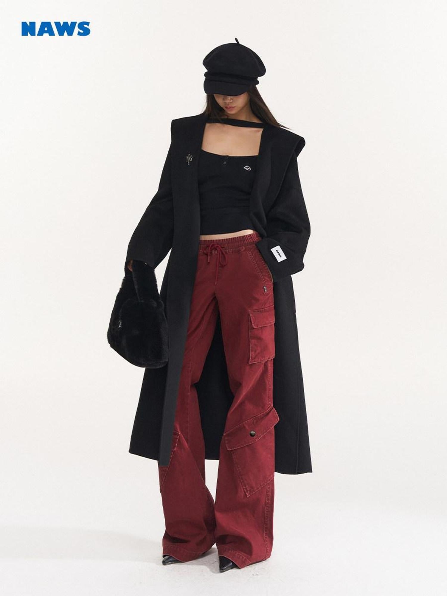 NAWSNOTAWEAR Bordeaux Cotton Low Waist Micro Flare Commuter Office Cargo Pants