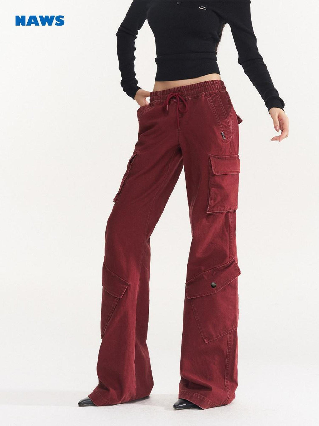 NAWSNOTAWEAR Bordeaux Cotton Low Waist Micro Flare Commuter Office Cargo Pants