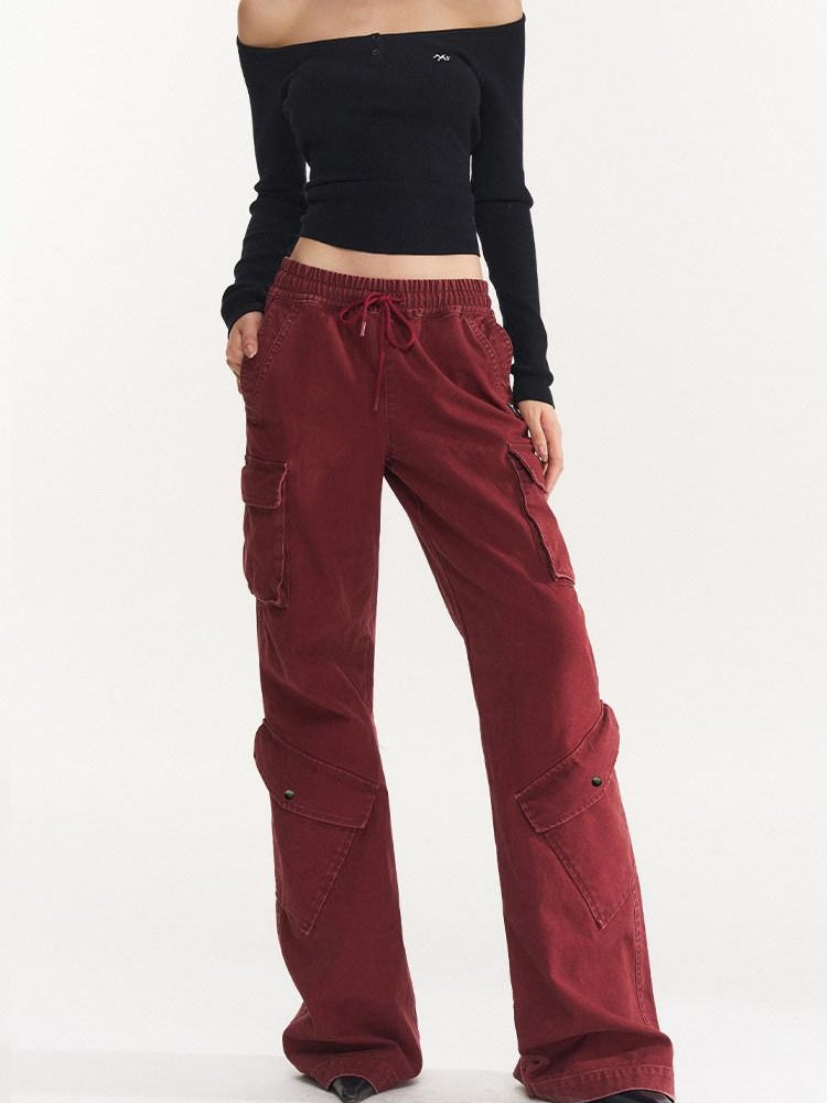 NAWSNOTAWEAR Bordeaux Cotton Low Waist Micro Flare Commuter Office Cargo Pants