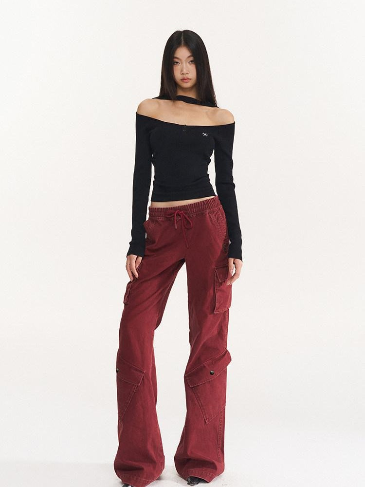 NAWSNOTAWEAR Bordeaux Cotton Low Waist Micro Flare Commuter Office Cargo Pants