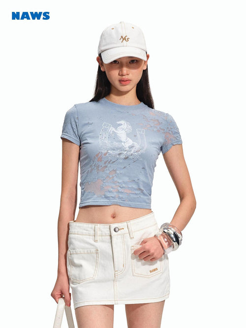 NAWSNOTAWEAR Breathable Cotton Blend Casual Slim Crew Neck Women Animal Print Basic Crop Tops