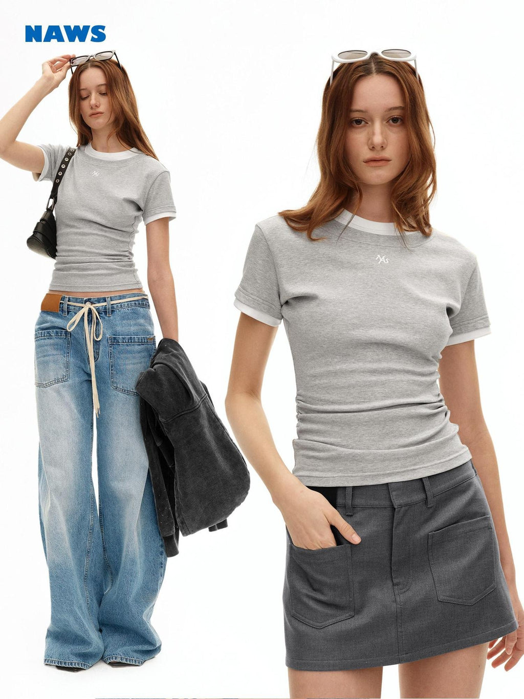 NAWSNOTAWEAR Breathable Cotton Ruched Slim Fit Cropped Women Crew Neck Short Sleeve T-Shirts