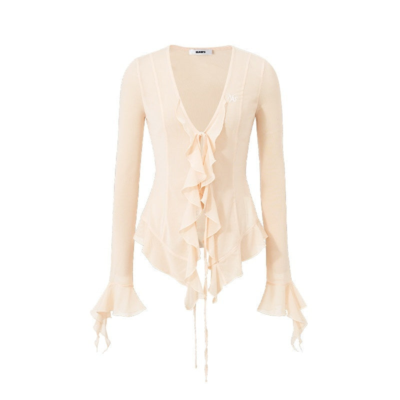 NAWSNOTAWEAR_Breathable_Mesh_Ruffle_V-neck_Tie_Slim_Longsleeve_Women_Salmon_Pink_Blouses_MISSTT