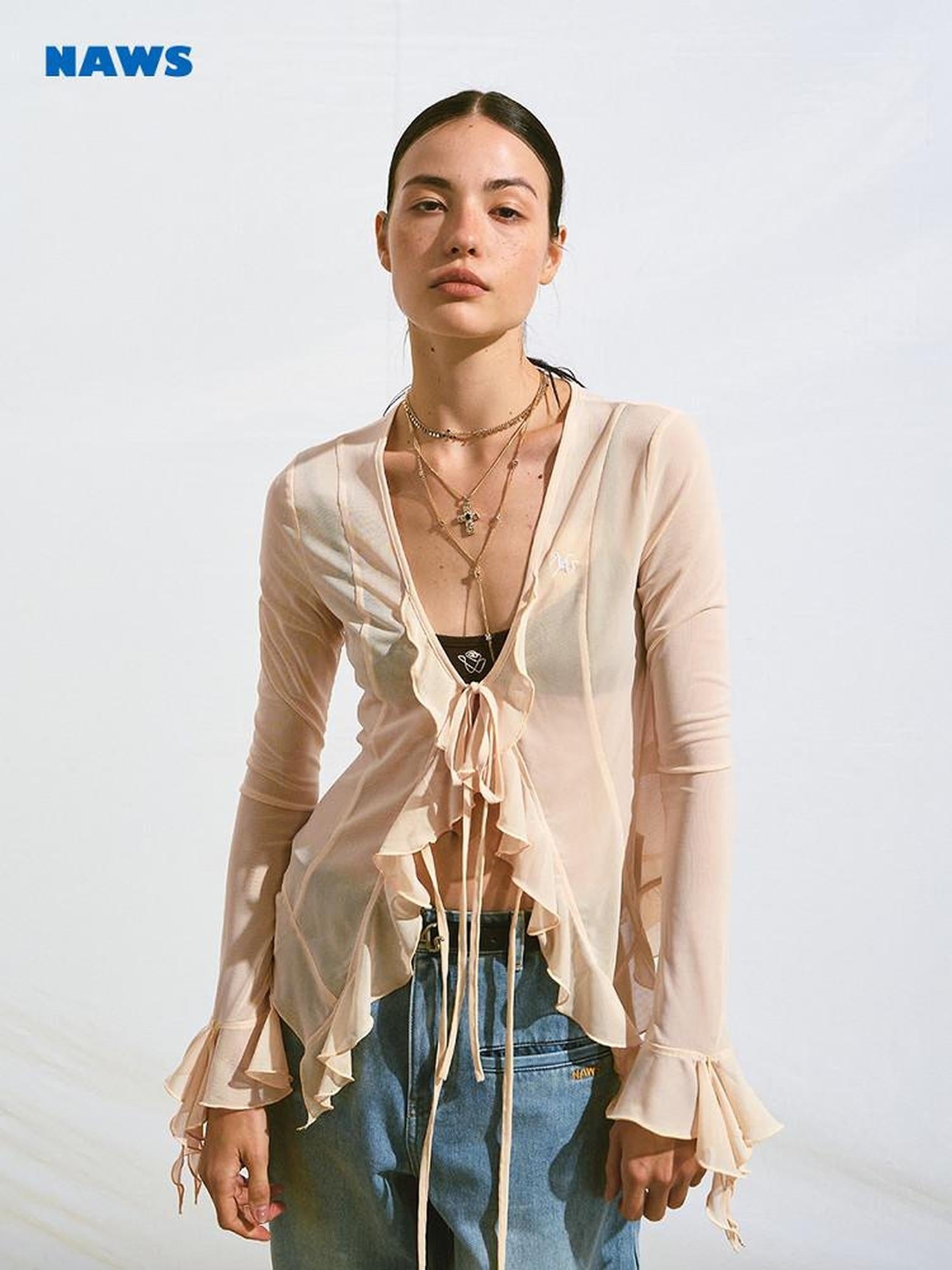 NAWSNOTAWEAR Breathable Mesh Ruffle V-neck Tie Slim Longsleeve Women Salmon Pink Blouses