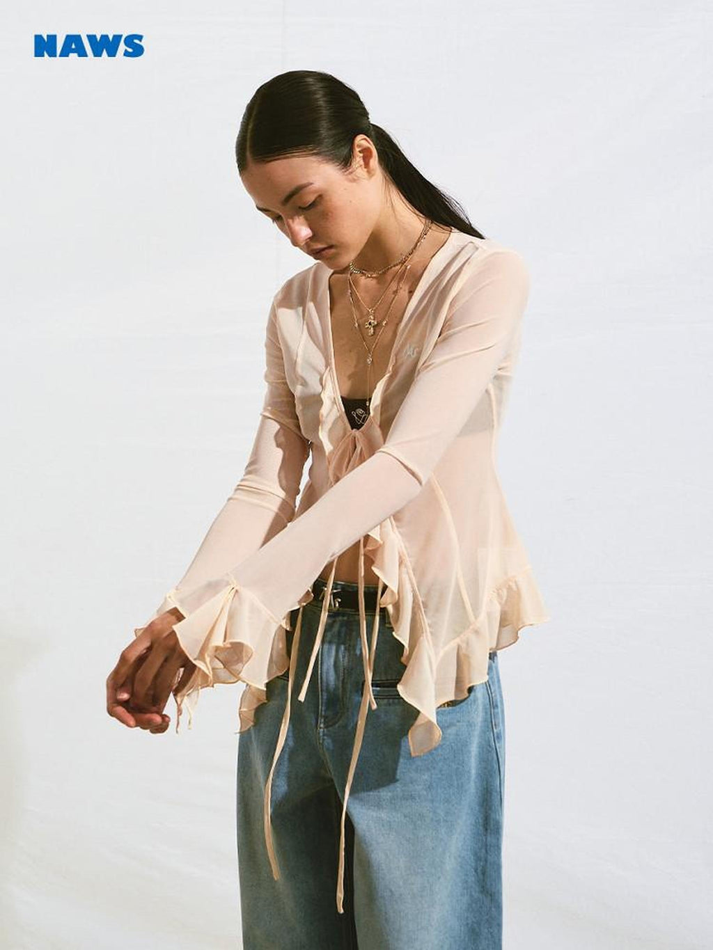 NAWSNOTAWEAR Breathable Mesh Ruffle V-neck Tie Slim Longsleeve Women Salmon Pink Blouses