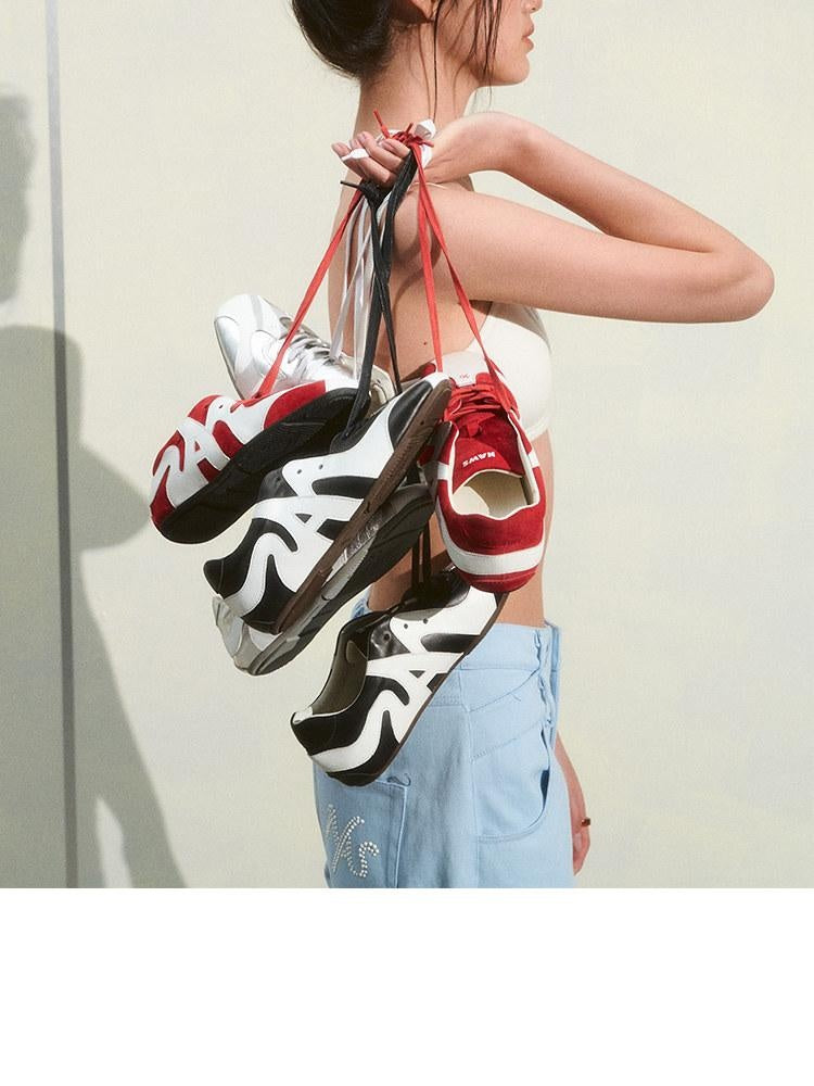 NAWSNOTAWEAR Breathable Mixed Material Casual Derby Women Red Black Silver Sneakers