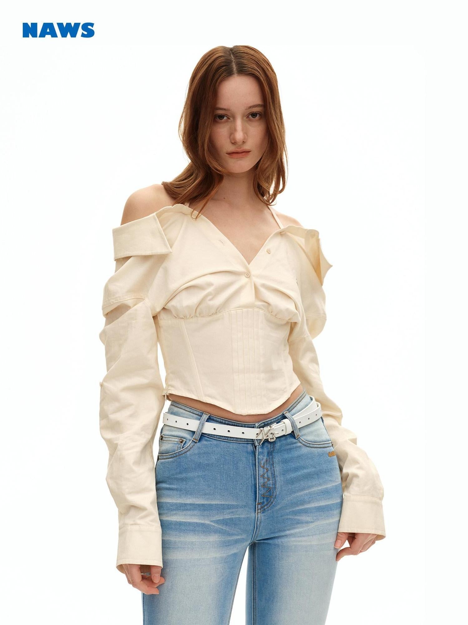 NAWSNOTAWEAR Breathable Sun Protection Tencel Blend Fitted Collar Cropped Women Cream Shirts