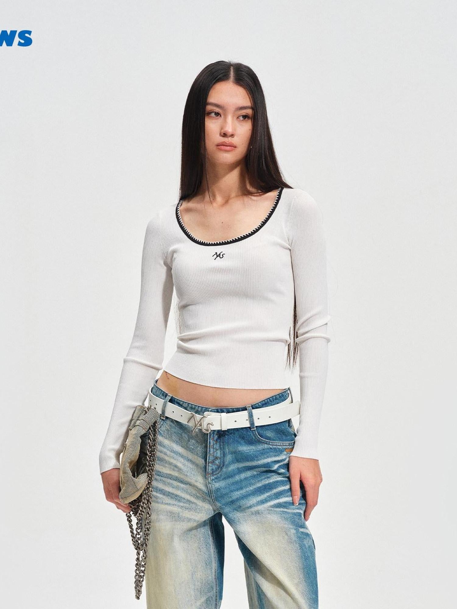 NAWSNOTAWEAR Breathable Viscose Slim Fit Contrast Crewneck Moon White Long Sleeve T-Shirts