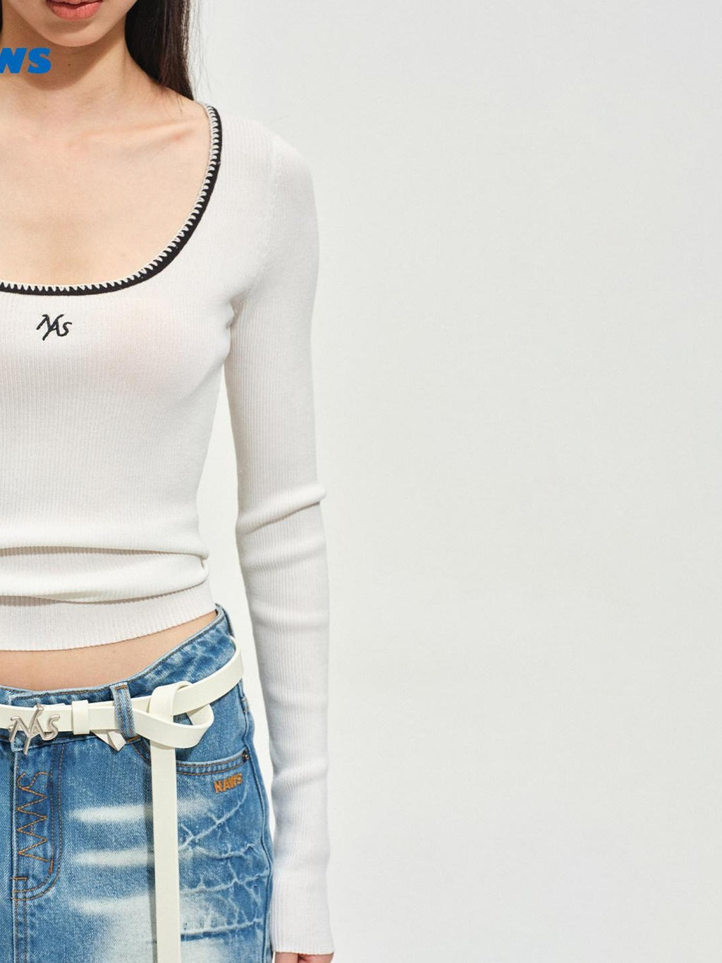 NAWSNOTAWEAR Breathable Viscose Slim Fit Contrast Crewneck Moon White Long Sleeve T-Shirts