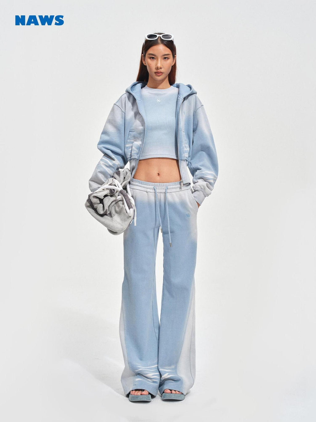 NAWSNOTAWEAR Brushed Cotton Slim Flare Drawstring Waist Women Ice Mist Blue Sweatpants
