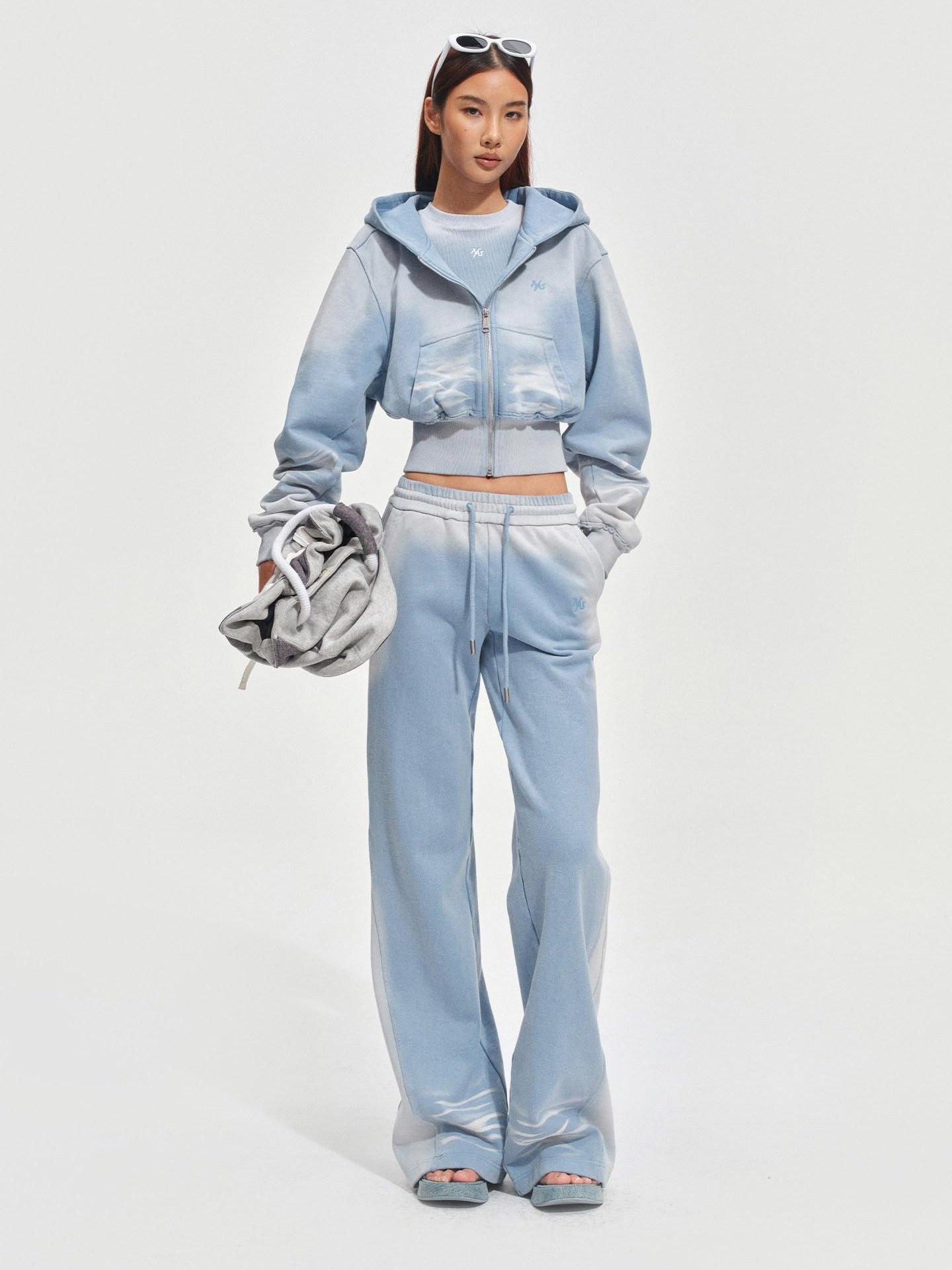 NAWSNOTAWEAR Brushed Cotton Slim Flare Drawstring Waist Women Ice Mist Blue Sweatpants
