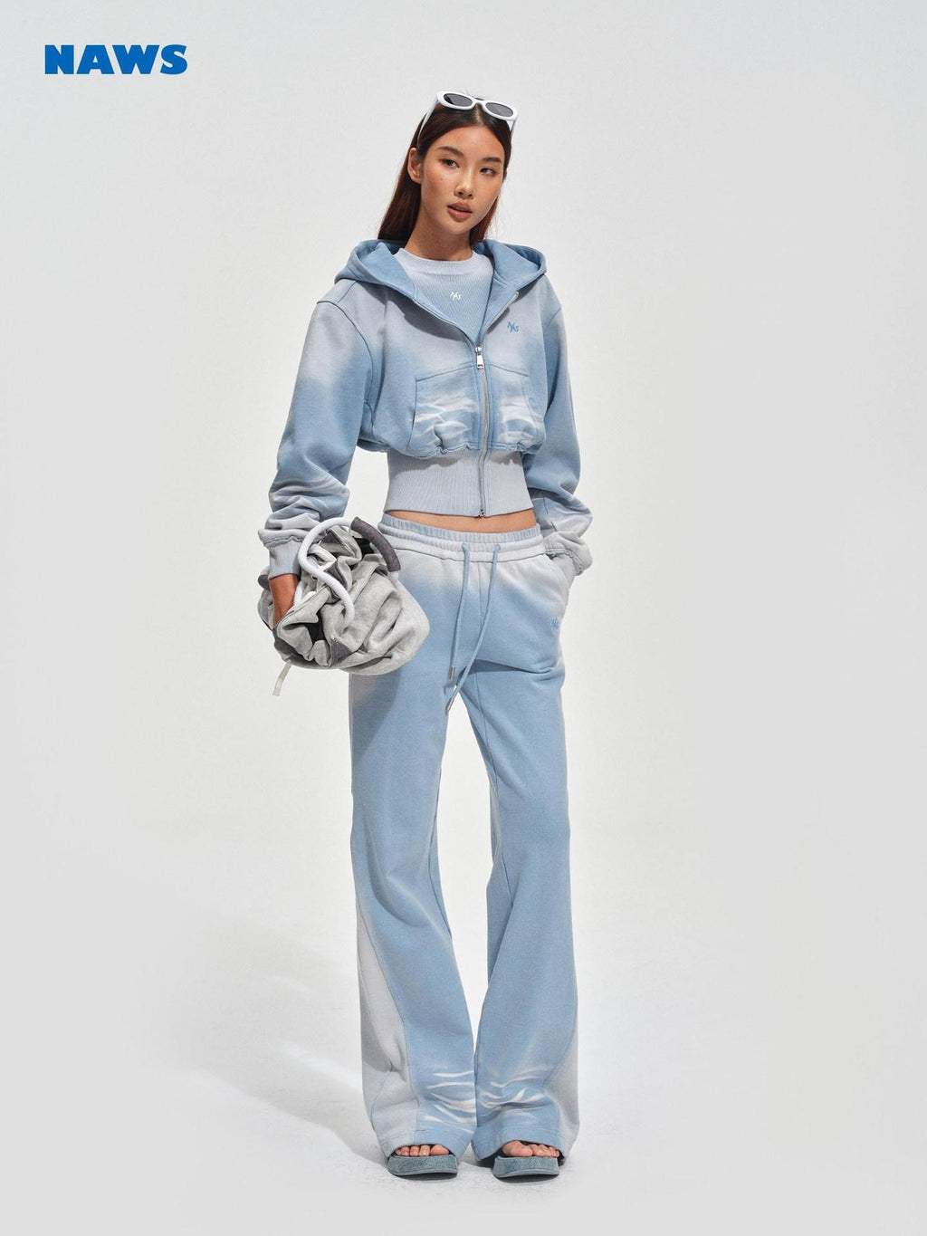 NAWSNOTAWEAR Brushed Cotton Slim Flare Drawstring Waist Women Ice Mist Blue Sweatpants