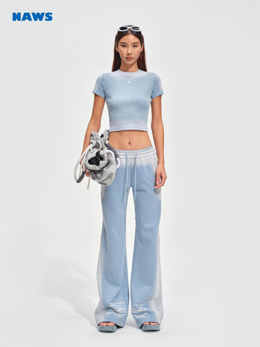 NAWSNOTAWEAR Brushed Cotton Slim Flare Drawstring Waist Women Ice Mist Blue Sweatpants