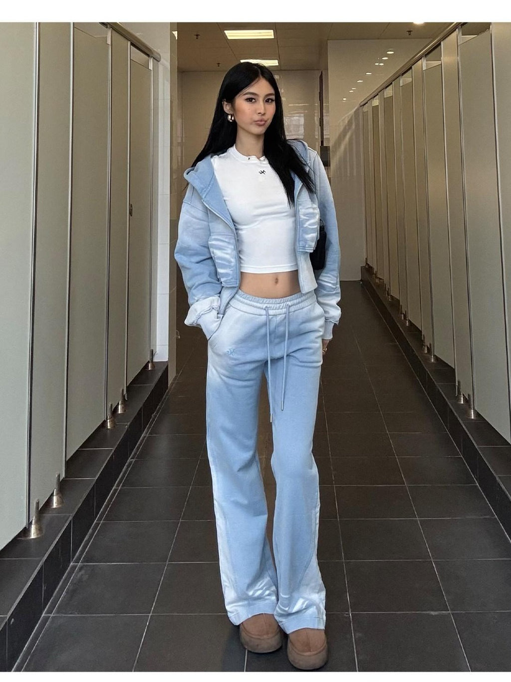 NAWSNOTAWEAR Brushed Cotton Slim Flare Drawstring Waist Women Ice Mist Blue Sweatpants