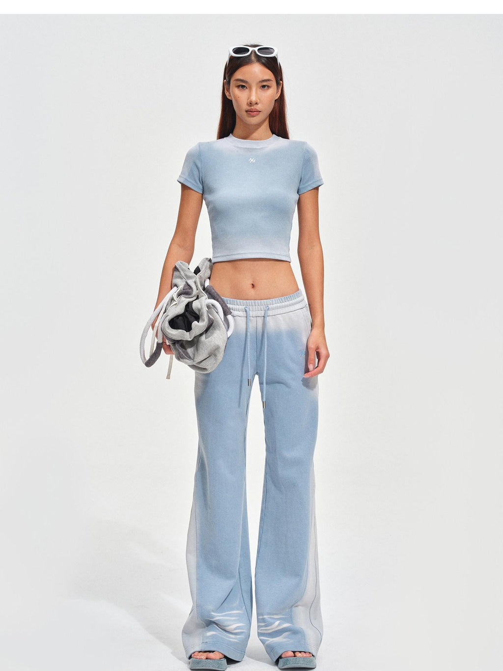 NAWSNOTAWEAR Brushed Cotton Slim Flare Drawstring Waist Women Ice Mist Blue Sweatpants