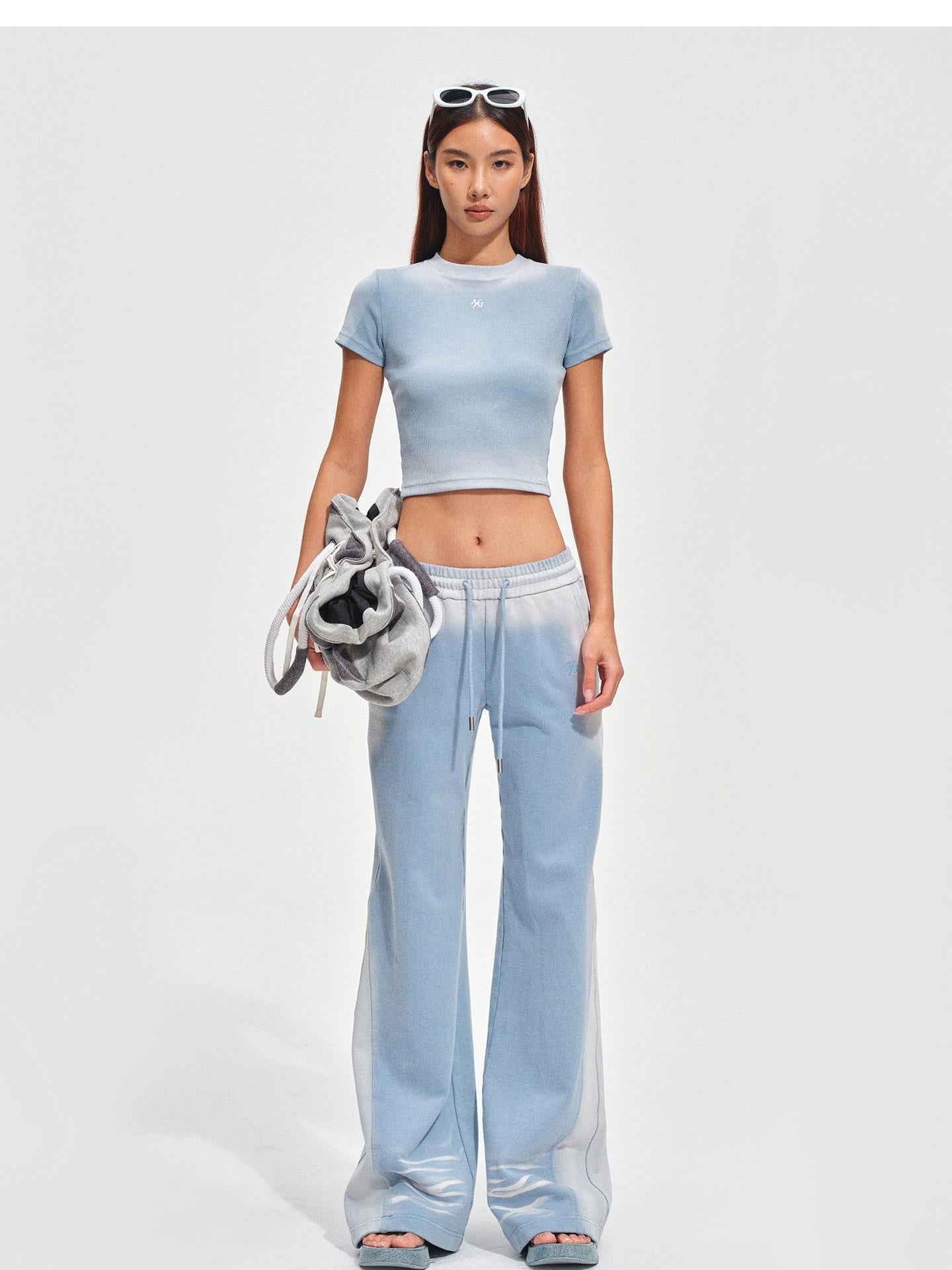 NAWSNOTAWEAR Brushed Cotton Slim Flare Drawstring Waist Women Ice Mist Blue Sweatpants