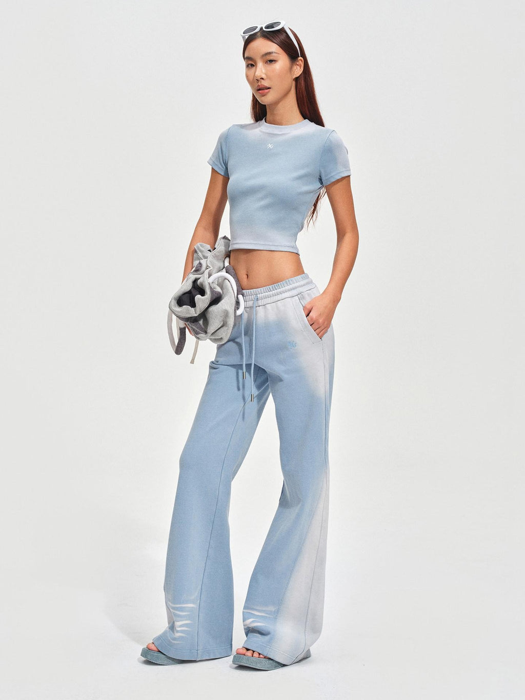 NAWSNOTAWEAR Brushed Cotton Slim Flare Drawstring Waist Women Ice Mist Blue Sweatpants