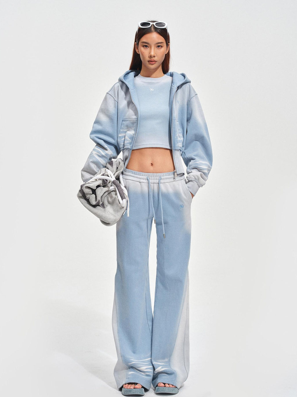 NAWSNOTAWEAR Brushed Cotton Slim Flare Drawstring Waist Women Ice Mist Blue Sweatpants