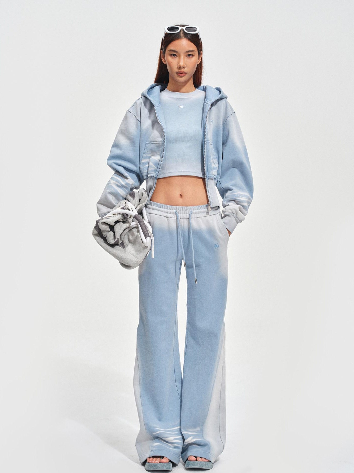 NAWSNOTAWEAR Brushed Cotton Slim Flare Drawstring Waist Women Ice Mist Blue Sweatpants