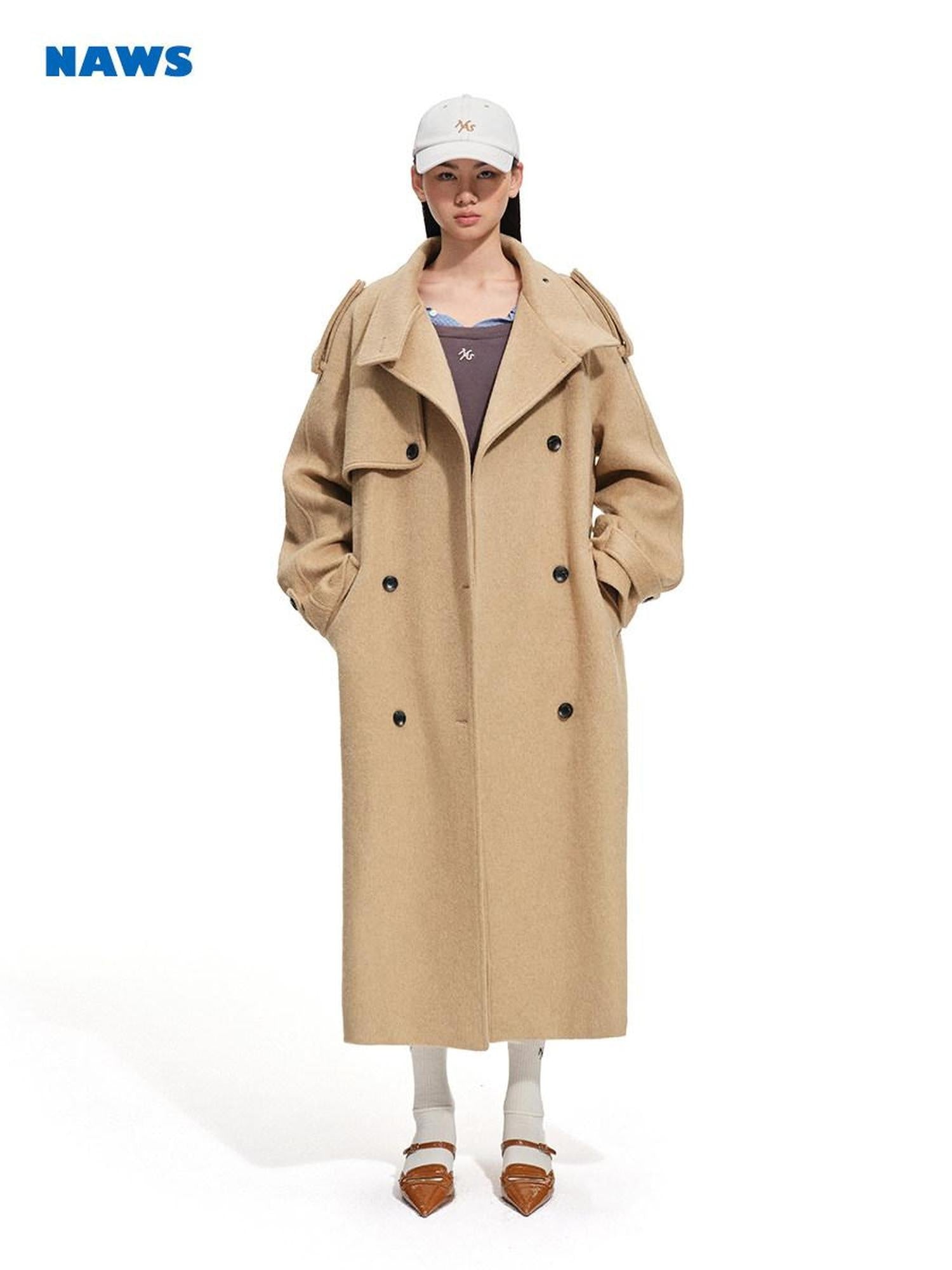NAWSNOTAWEAR Brushed Wool Blend Oversized Double Breasted Longline Women Commuter Wool Coats