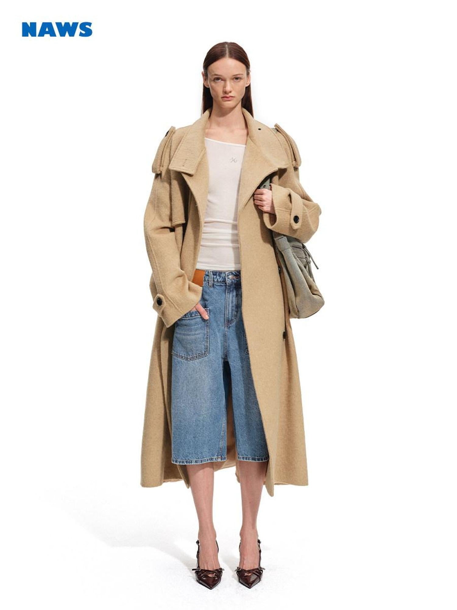 NAWSNOTAWEAR Brushed Wool Blend Oversized Double Breasted Longline Women Commuter Wool Coats