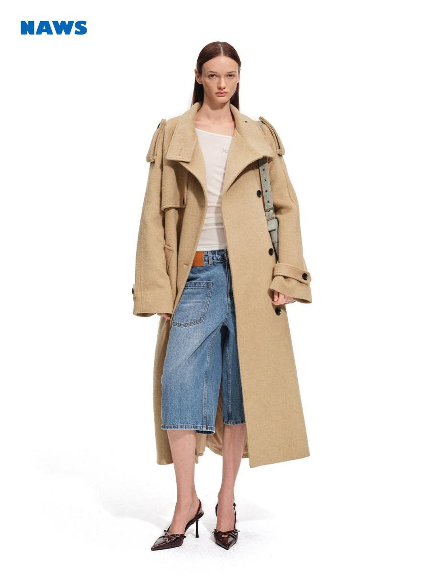 NAWSNOTAWEAR Brushed Wool Blend Oversized Double Breasted Longline Women Commuter Wool Coats