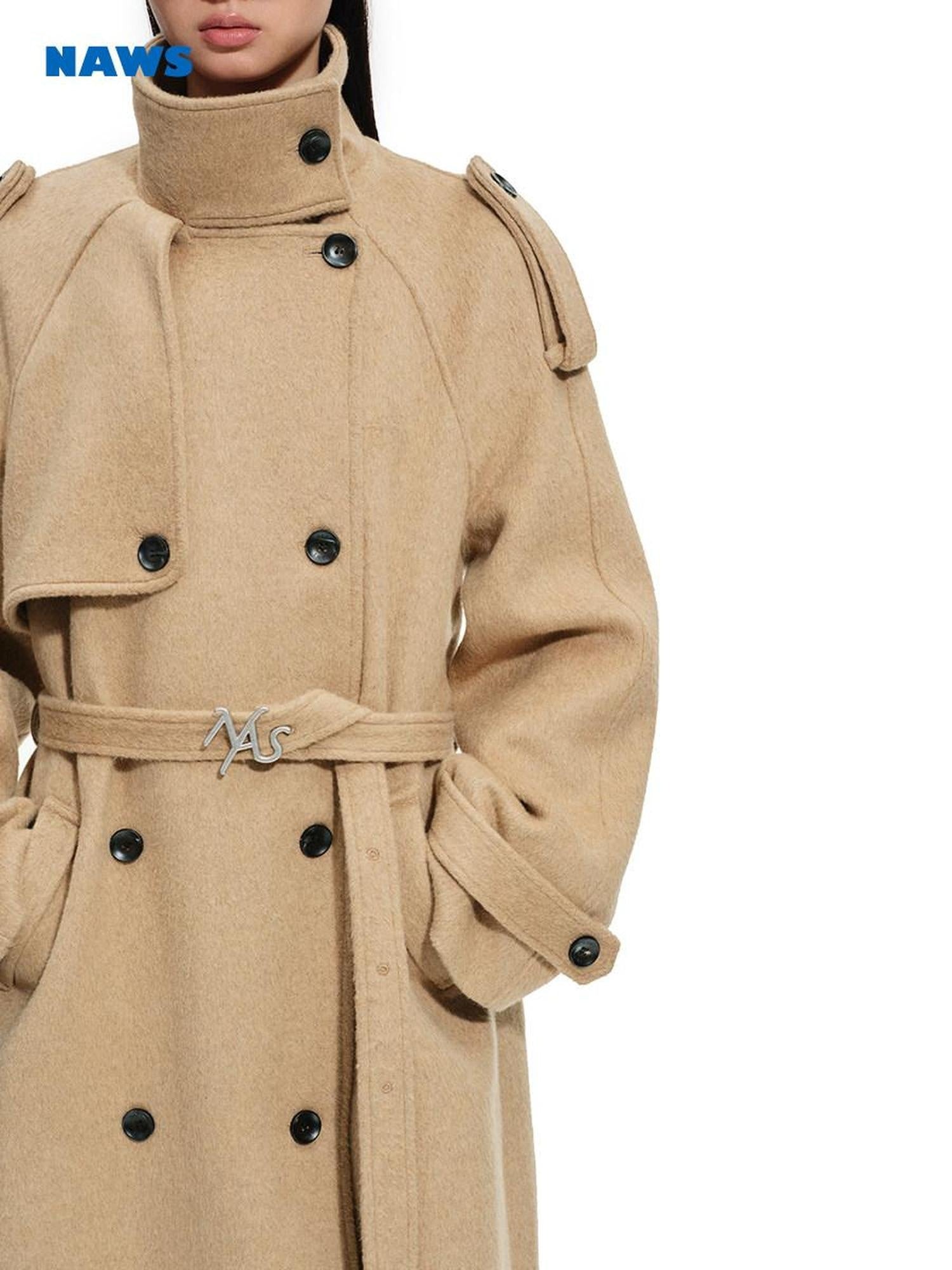 NAWSNOTAWEAR Brushed Wool Blend Oversized Double Breasted Longline Women Commuter Wool Coats