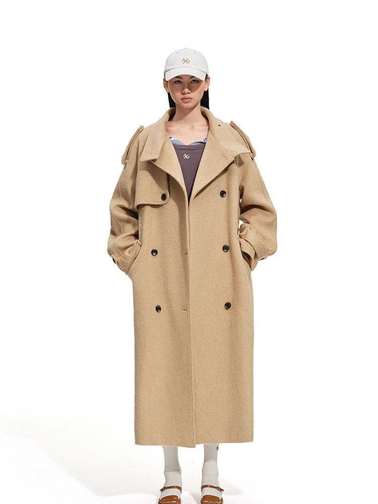 NAWSNOTAWEAR Brushed Wool Blend Oversized Double Breasted Longline Women Commuter Wool Coats