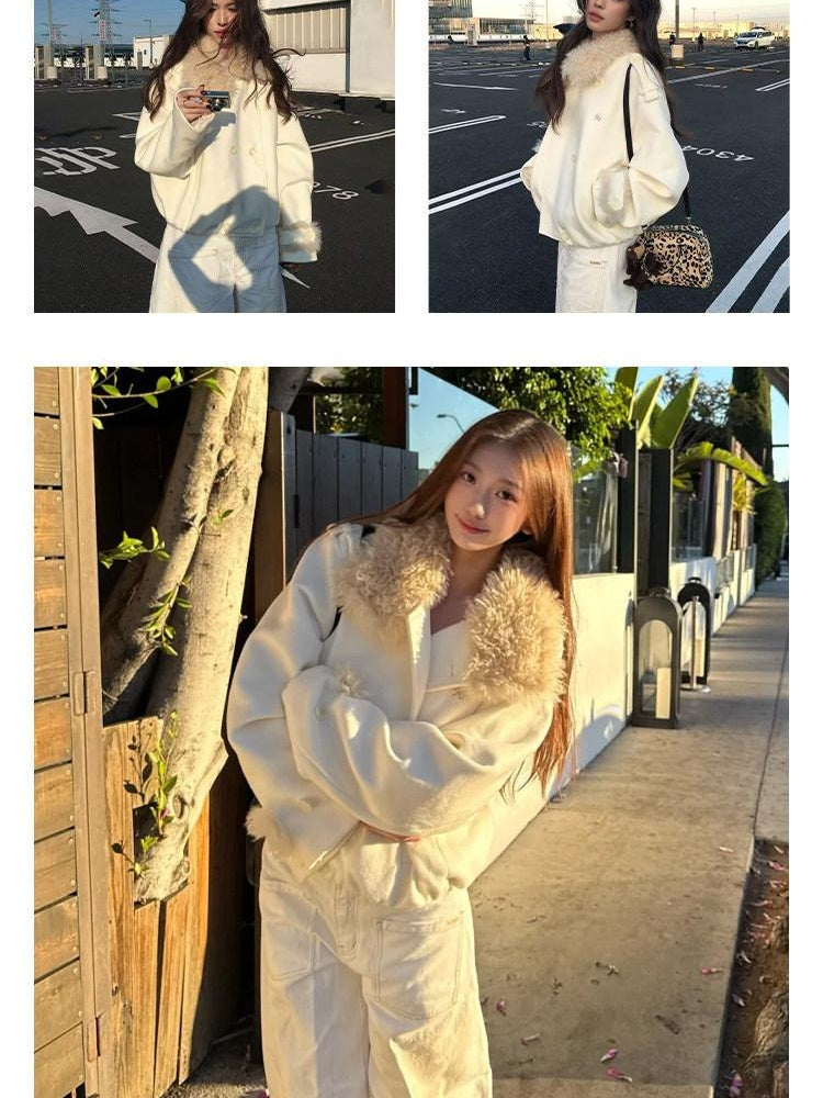 NAWSNOTAWEAR Brushed Wool Blend Relaxed Double Breasted Commuter Women Wool Coats
