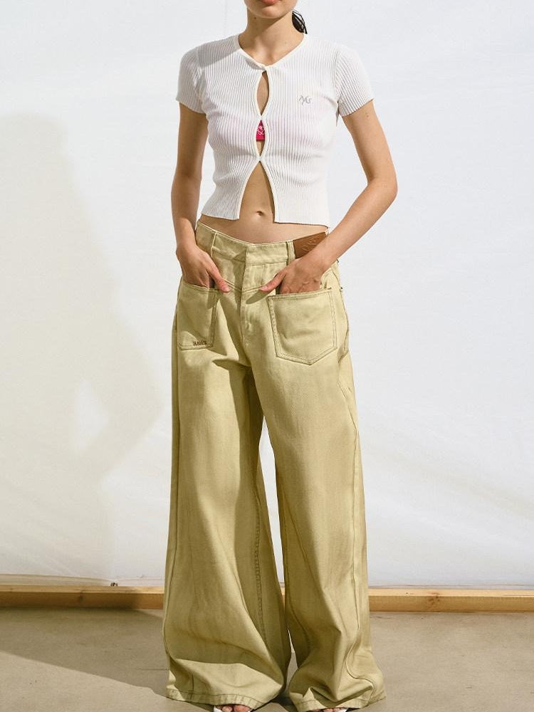 NAWSNOTAWEAR Cheese Yellow Distressed Micro Stretch Relaxed Natural Waist Wide Leg Jeans