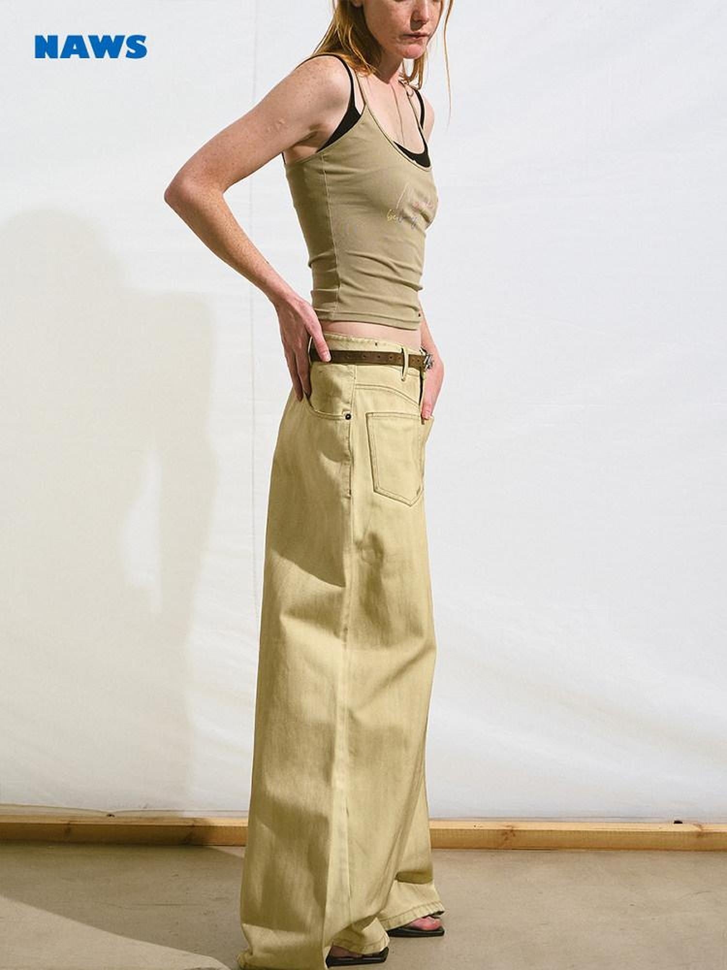 NAWSNOTAWEAR Cheese Yellow Distressed Micro Stretch Relaxed Natural Waist Wide Leg Jeans