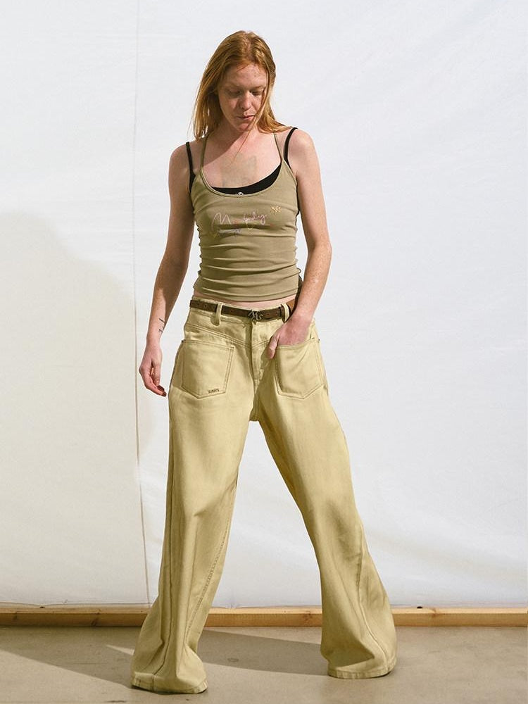 NAWSNOTAWEAR Cheese Yellow Distressed Micro Stretch Relaxed Natural Waist Wide Leg Jeans